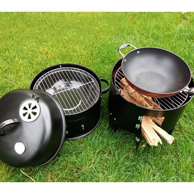 2X 3 In 1 Barbecue Smoker Grill Black Porcelain Coated Steel 40cm Dia 80cm H