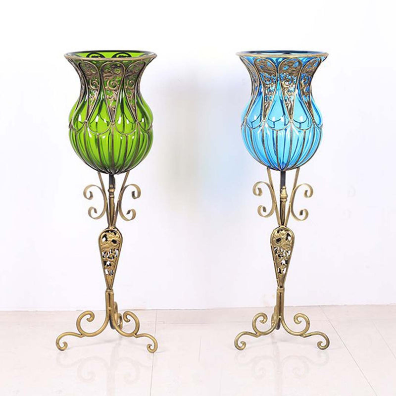 85cm Green Glass Floor Vase With Gold Metal Flower Stand 27x25x85cm