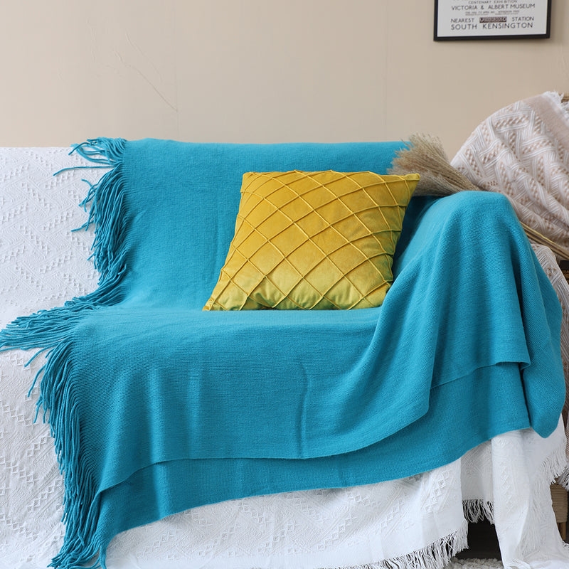 2X Blue Acrylic Knitted Throw Blanket Solid Fringed Warm Cozy Couch Sofa Decor