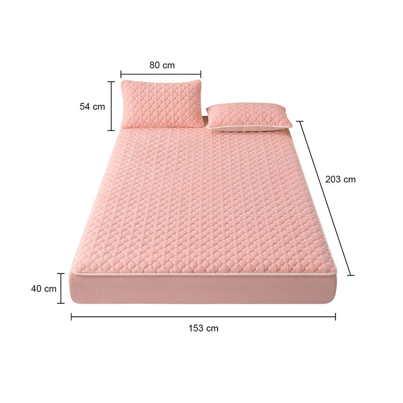 2X Pink Polyester Mattress Cover 203x153x40 Quilted Fleece With 4 Pillow Covers