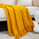 Yellow Acrylic Knitted Throw Blanket 130x230cm Geometric Diamond Tassels