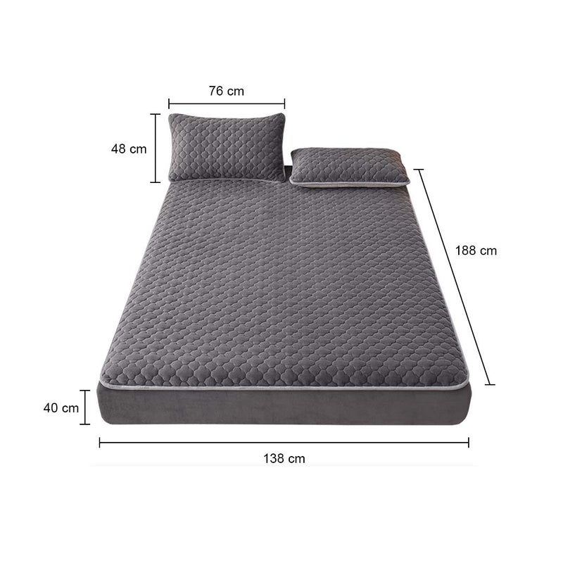 Grey 188cm Quilted Fleece Mattress Cover Set with Pillow Covers