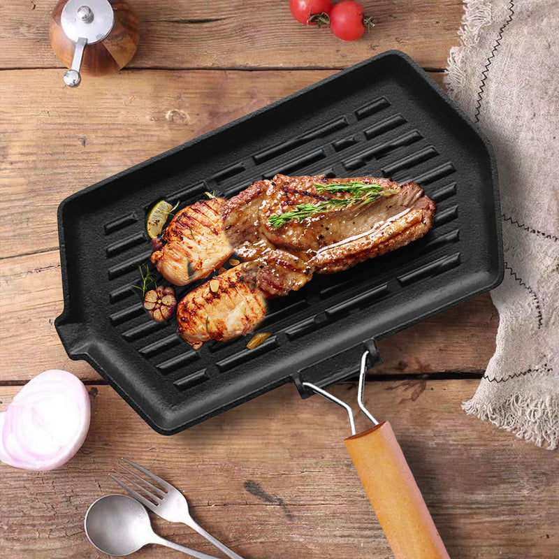 Rectangular Cast Iron Grill Pan 21x35cm Ridged Folding Wood Handle Black