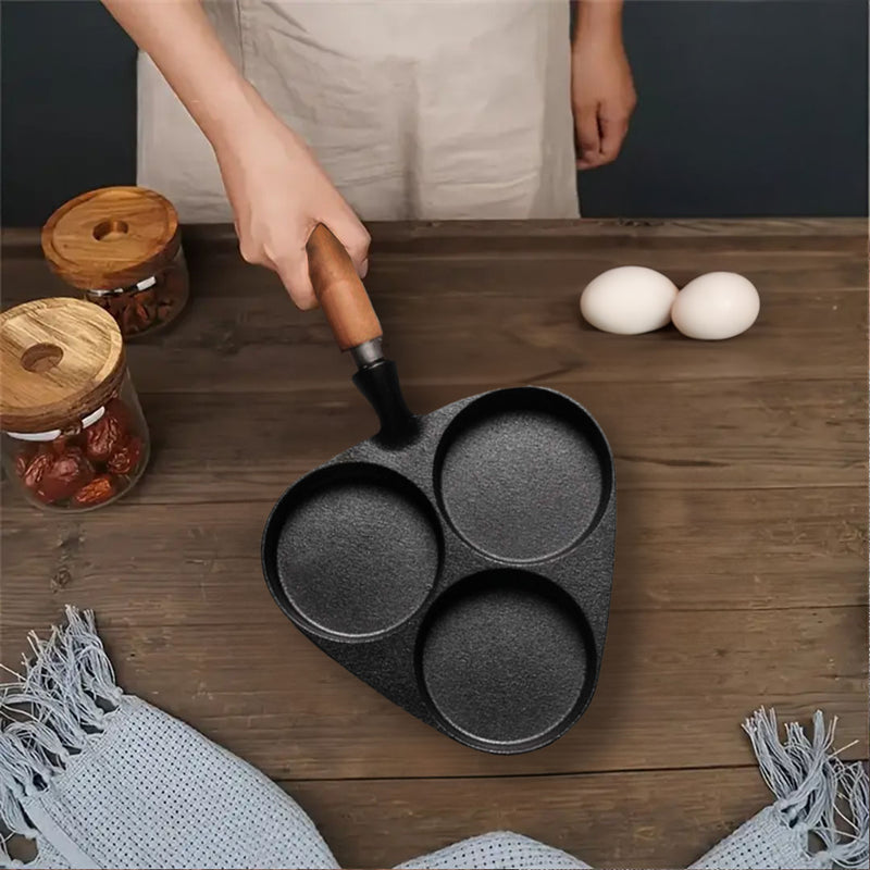 2X Cast Iron 3 Mold Omelette Pancake Fry Pan Non-Stick Wooden Handle Home Cooking