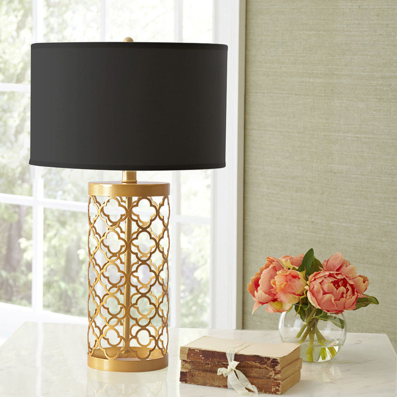 2X Golden Hollowed Out Metal Table Lamp Large 38x72cm Fabric Drum Shade Dark