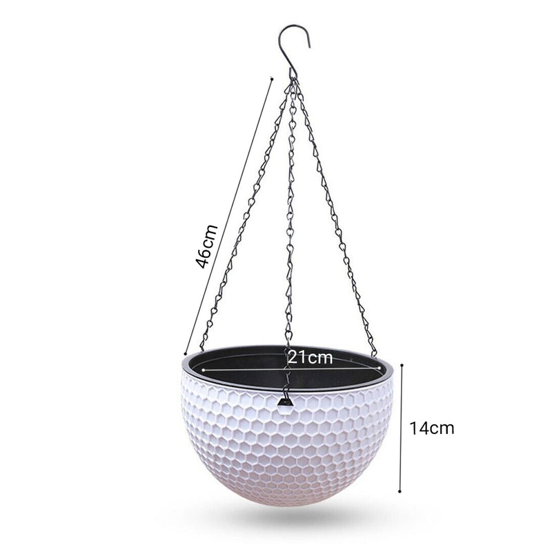 White Hanging Resin Flower Pot Medium 21x14x46cm Self Watering Drainage Chain