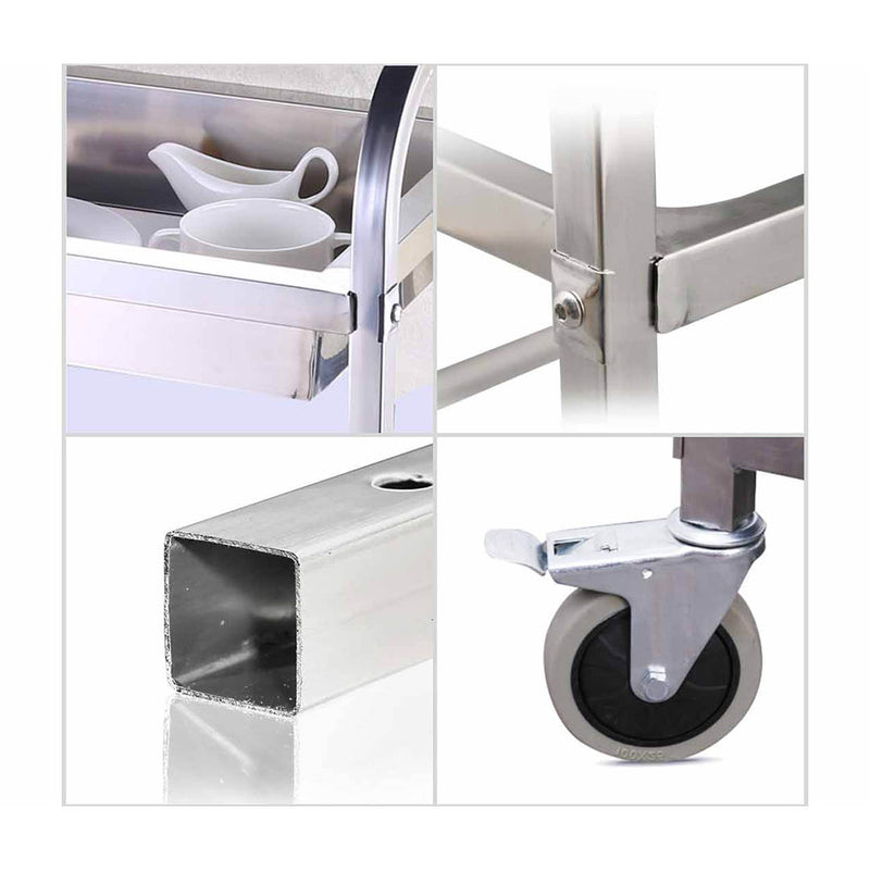 2X 2 Tier Stainless Steel Kitchen Trolley Service Cart With Locking Wheels
