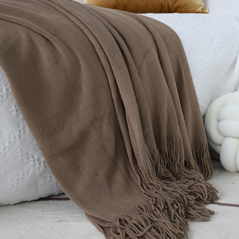 Acrylic Knitted Throw Blanket 130cmx220cm Fringed Cozy Coffee