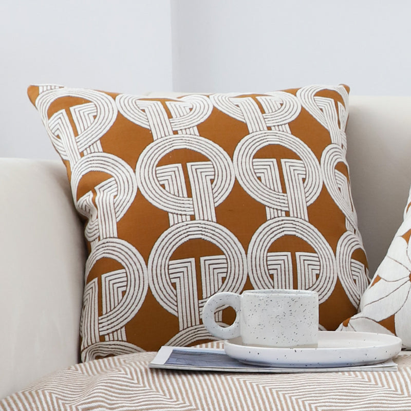 2X 50x50x18cm Square Throw Pillows Polyester Cotton Jacquard Circular Brown