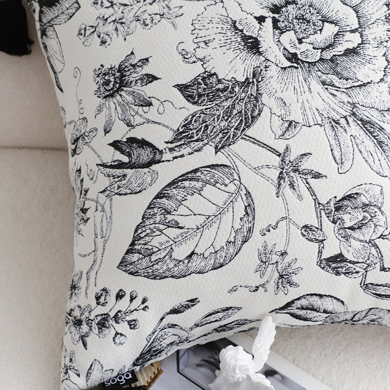 Throw Pillow 50x50x18cm Polyester Cotton Black And White Floral Tassels