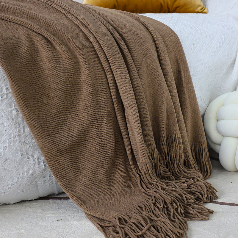 2X Acrylic Knitted Throw Blanket 130cmx220cm Fringed Cozy Coffee