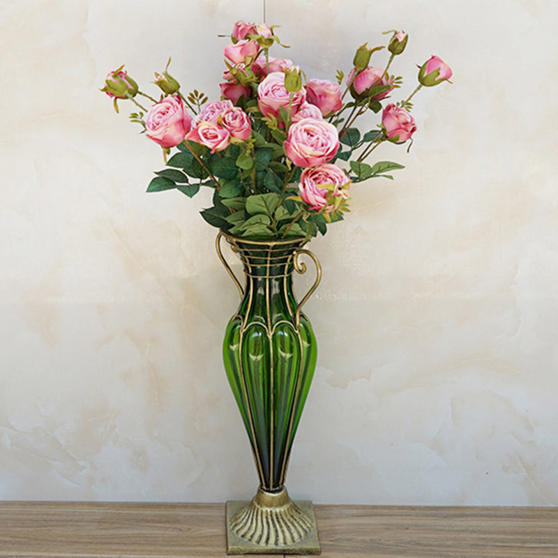 Green Glass Gold Metal Vase 20x13x47cm 8 Bunch 5 Heads Artificial Silk Rose