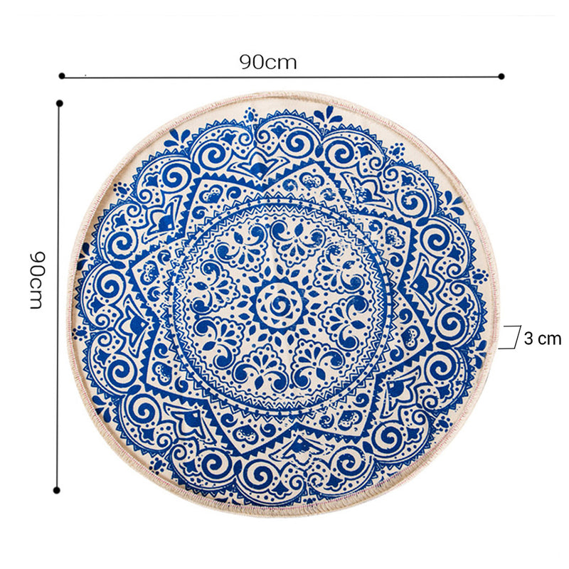 Blue Round Cotton Linen Rug 90cm Bohemian Non-Slip Soft Floor Carpet Decor
