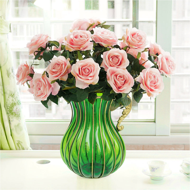 Green Glass And Gold Metal Vase 16x29cm 4 Bunch 9 Heads Silk Roses 50cm