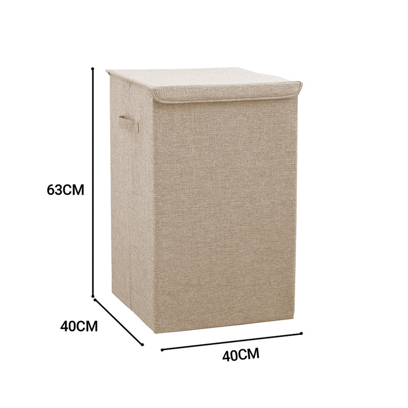 2X Beige Large Collapsible Laundry Hamper Canvas Lid Handles 40x40x63cm