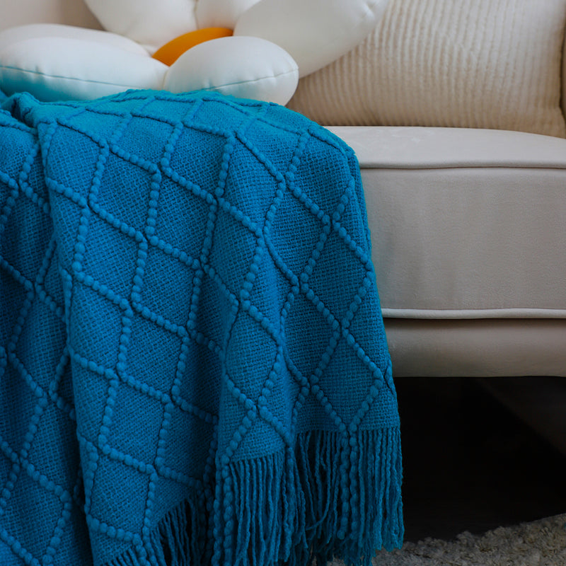 2X Blue Diamond Pattern Throw Blanket 100% Acrylic 130cmx230cm Tassels