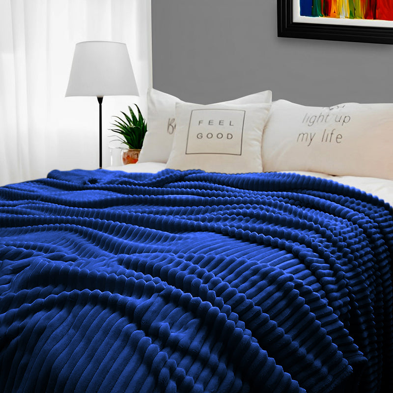 Blue Throw Blanket Soft Flannel Polyester 200x230cm Striped Lightweight Cozy