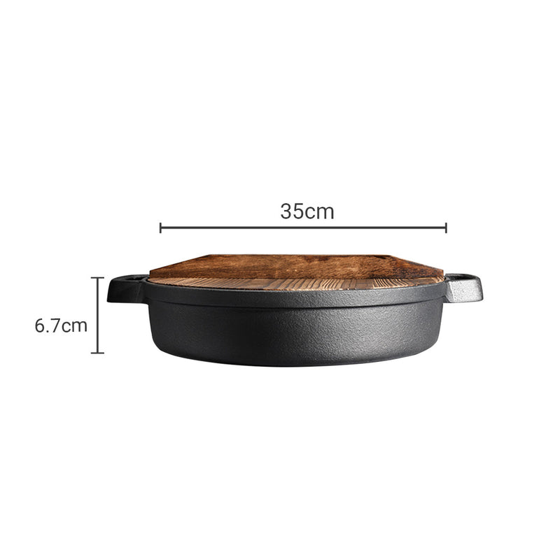 35cm Round Cast Iron Deep Pan Skillet Preseasoned Wooden Lid Black