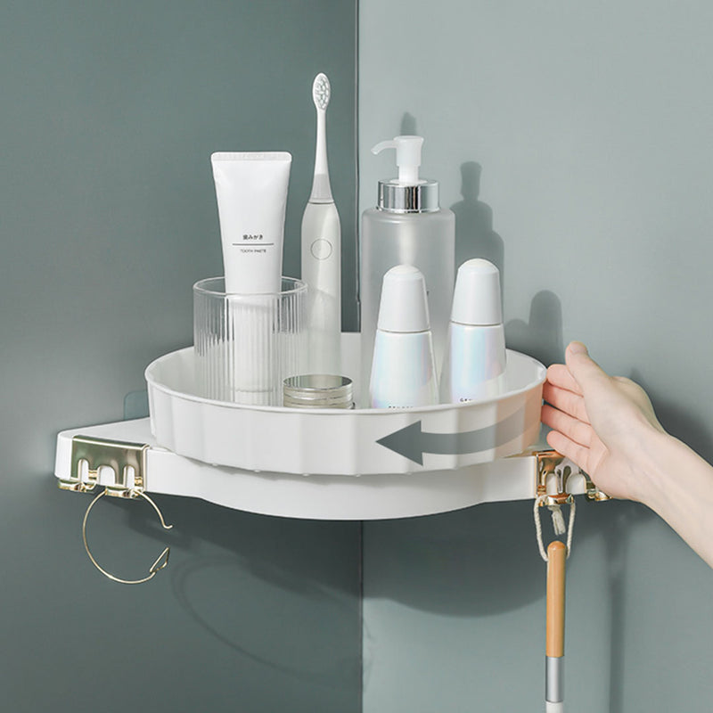 2X White Wall-Mounted Rotating Bathroom Organizer Shelf Adhesive Storage Rack