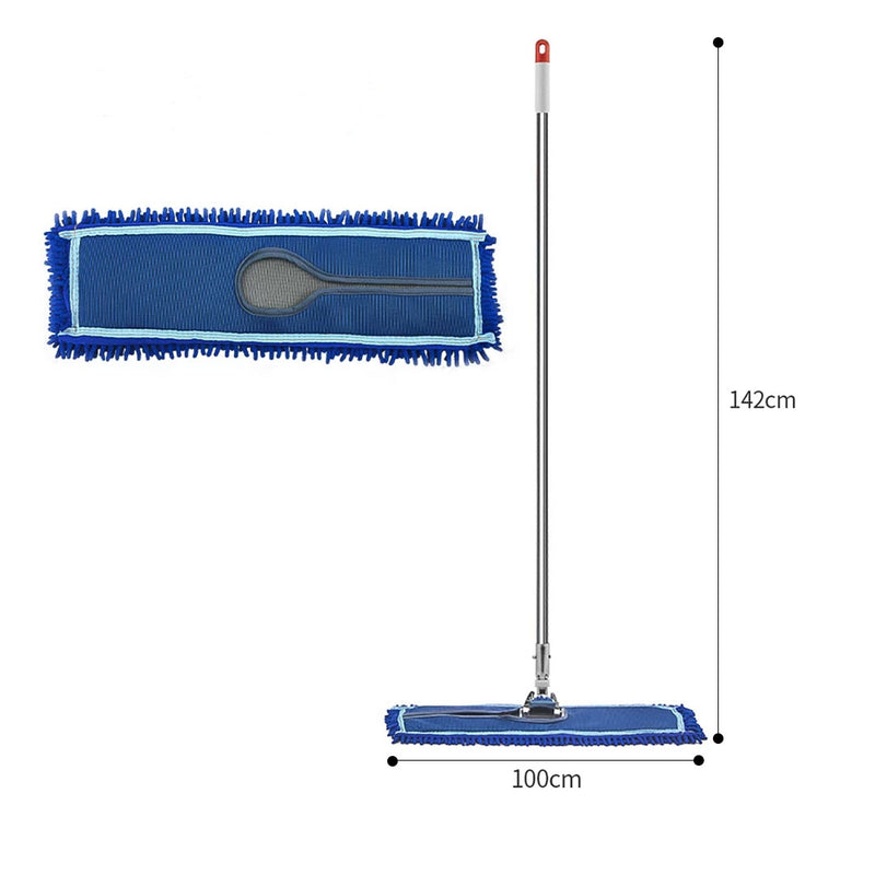 100cm Microfiber Flat Mop Set Stainless Steel Handle Dust Remover Blue Pads