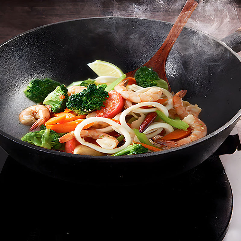 2X 31cm Cast Iron Round Thick Bottom Wok Non Stick Black Long Wood Handle