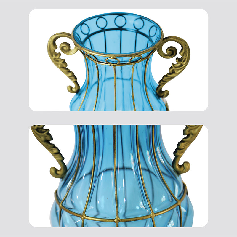 Blue Glass Flower Vase Two Metal Handles Gold Accents 10cm x 14cm x 26cm
