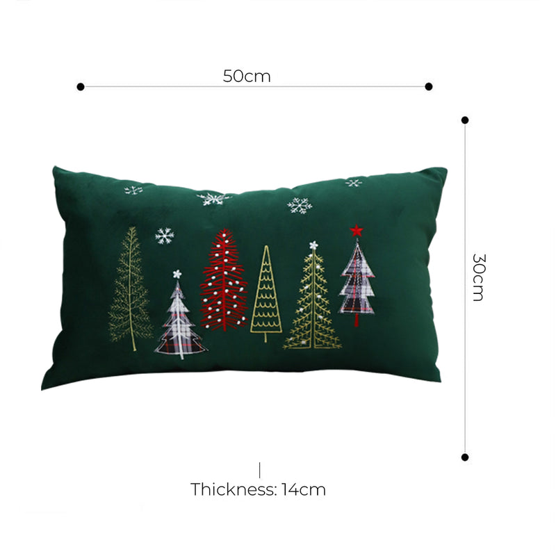 2X Green Embroidered Christmas Forest Throw Pillow 30cm Lumbar Holiday Decor