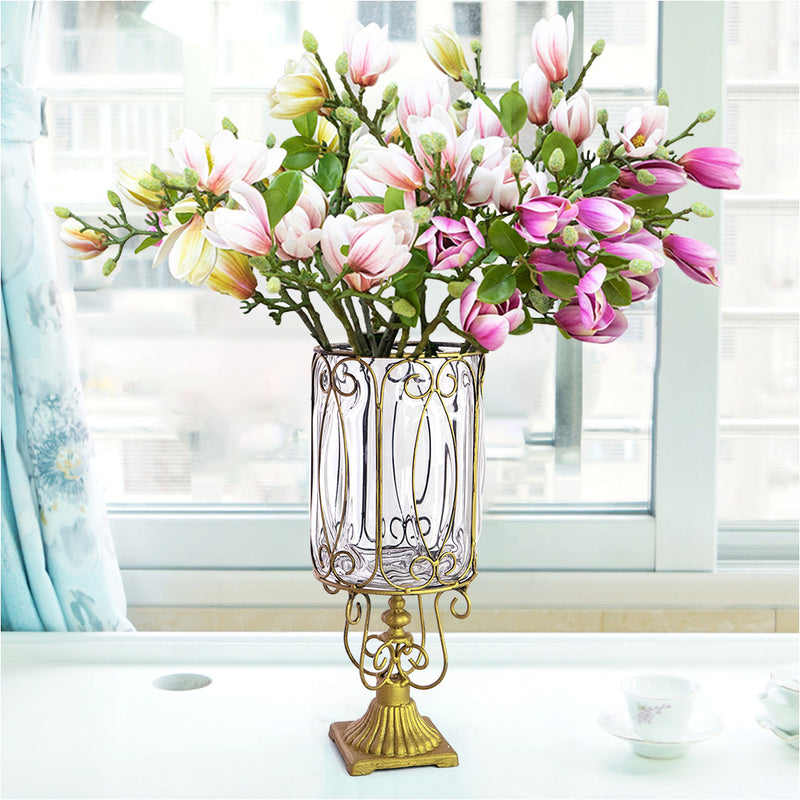 Clear Glass Cylinder Vase Gold Metal 38cm 6 Bunch 4 Heads Purple Silk Magnolia