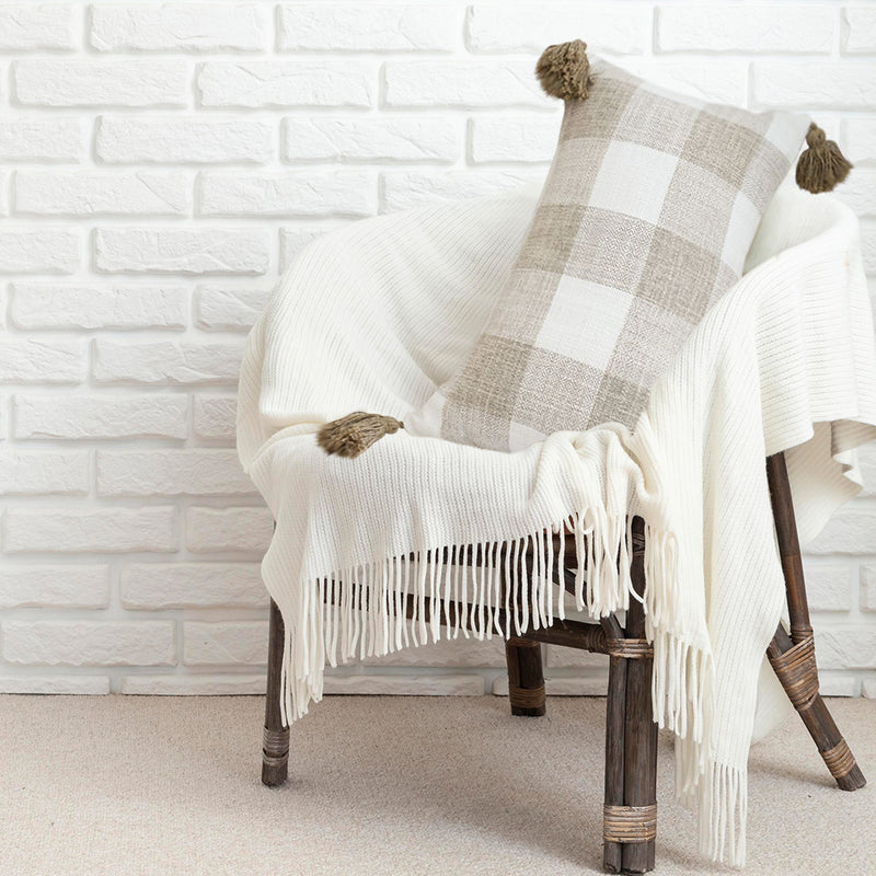 Velvet Lumbar Pillow Cover Soft Plaid Farmhouse Decorative Caramel White 35CM