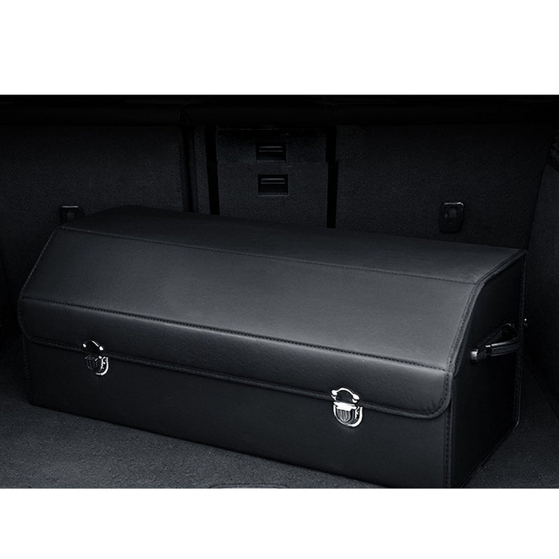 Leather Car Boot Organizer Foldable Storage Box With Lock Black Large