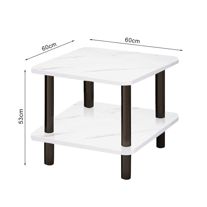 60x60x53cm White Ceramic Side Table Stone Pattern Black Metal Legs
