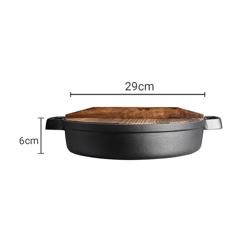 Round 29cm Cast Iron Deep Skillet Pan Pre Seasoned Non Stick Wooden Lid Black