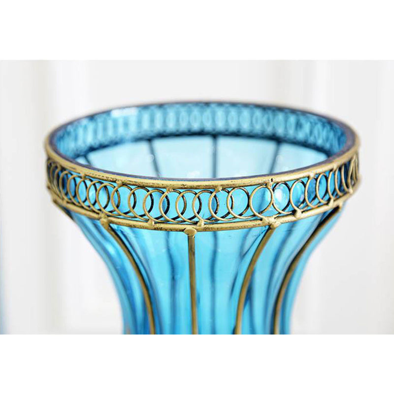 67cm Blue Glass Floor Vase Gold Metal Base 10pcs White Artificial Flowers