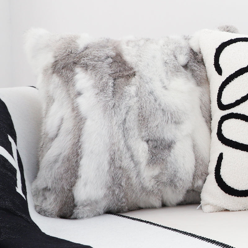 2X Floral Gray Rabbit Fur Throw Pillow 40x45x14CM Square Plush Cozy