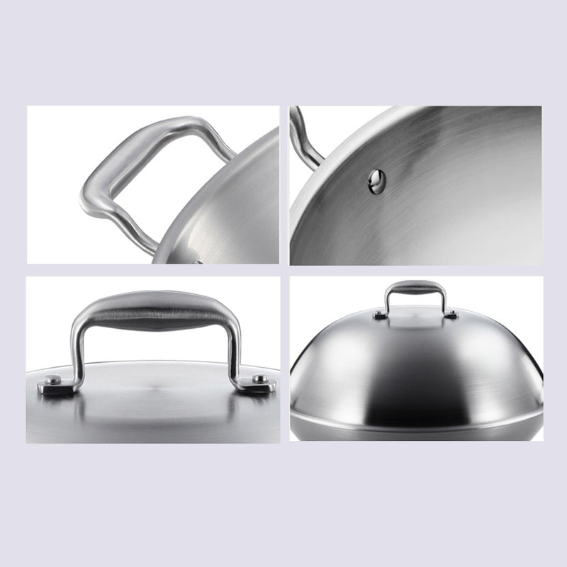 2X 38cm 18/10 Stainless Steel 3 Ply Wok Double Handle With Lid Induction Ready