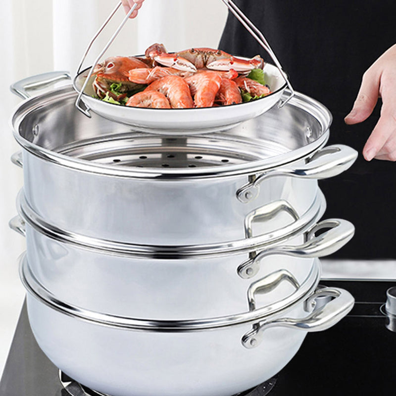 2X 3 Tier 30cm Heavy Duty Stainless Steel Food Steamer Stackable Glass Lid
