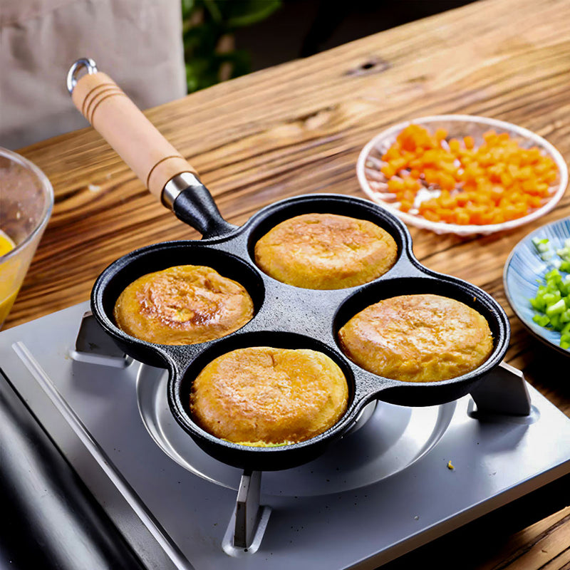 2X Cast Iron 4 Mold Fry Pan 22cm Non-Stick Omelet Egg Pancake Wood Handle