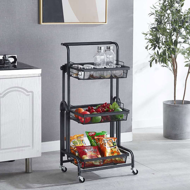 2X Kitchen Cart Carbon Steel Adjustable 3 Tier Shelves Black with Wheels