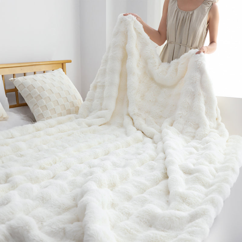 160X200cm White Rabbit Fur Throw Blanket Double Layer Cozy Home Decor