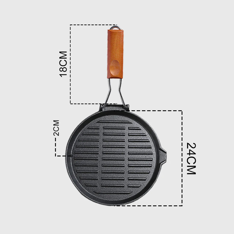 24cm Round Ribbed Cast Iron Non Stick Grill Pan Folding Wooden Handle Black