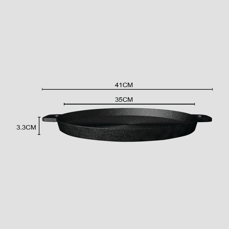 2X 35cm Round Ribbed Cast Iron Frying Pan Skillet With Handle Pre-Seasoned