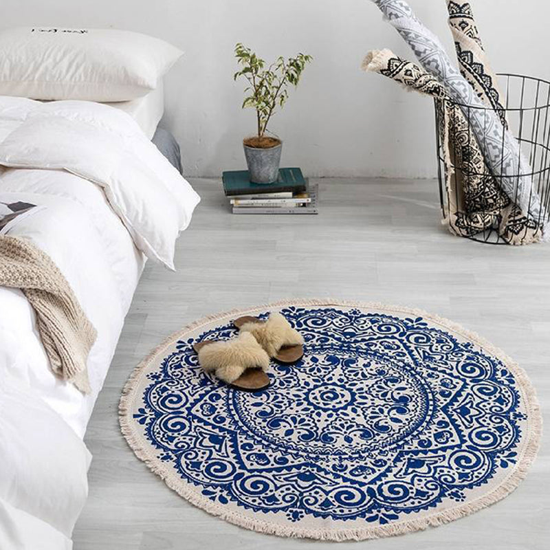 Blue Round Cotton Linen Rug 90cm Bohemian Non-Slip Soft Floor Carpet Decor