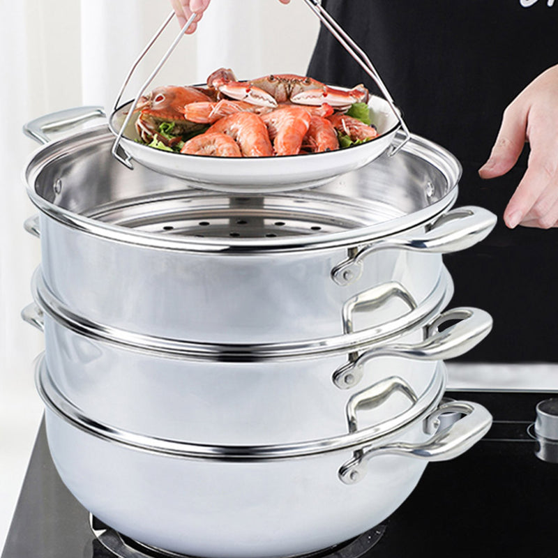 2X 3 Tier 26cm 18/10 Stainless Steel Food Steamer Heavy Duty Stackable Glass Lid