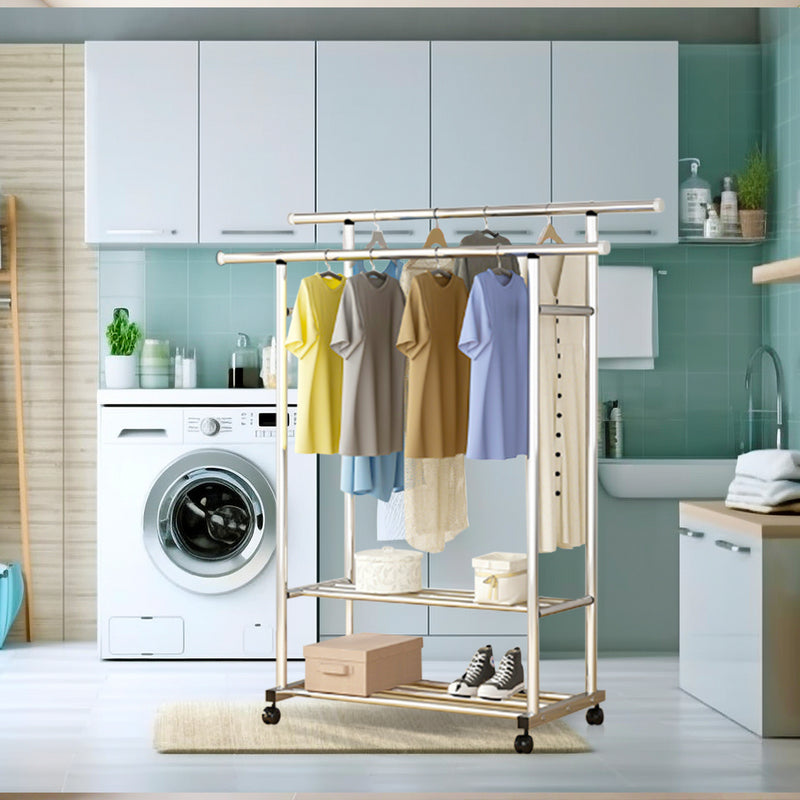 2X Stainless Steel Clothes Rack 120cm Floor Standing Double Rod With Wheels
