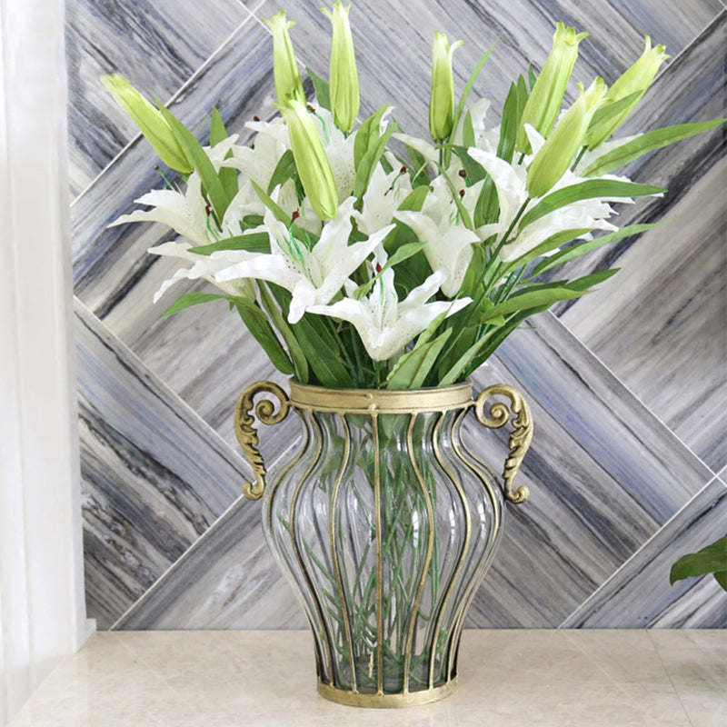 Clear European Glass Flower Vase with Gold Metal Handles 25cm x 33cm Decor