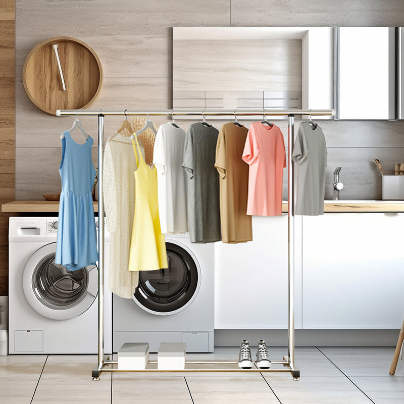 Stainless Steel Floor Standing Clothes Rack 240x150x120cm 3 Poles Wheels