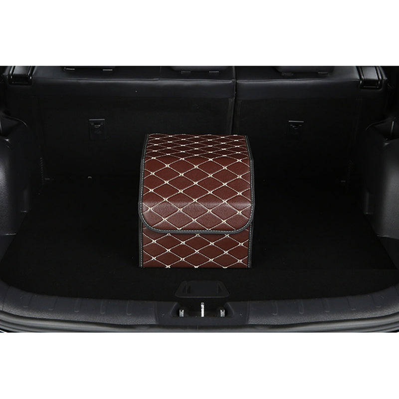 2X Leather Car Boot Organizer Foldable Storage Box Coffee With Gold Stitch