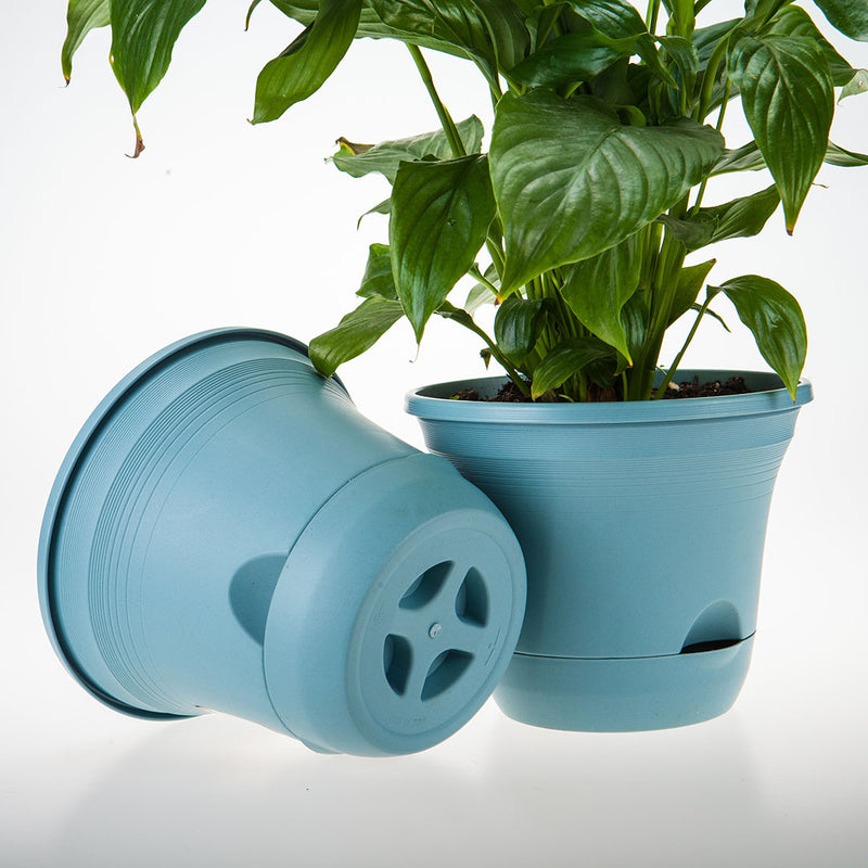 Blue Plastic Self Watering Planter Pot 19.5 cm Indoor Outdoor Garden Decor Set of 3
