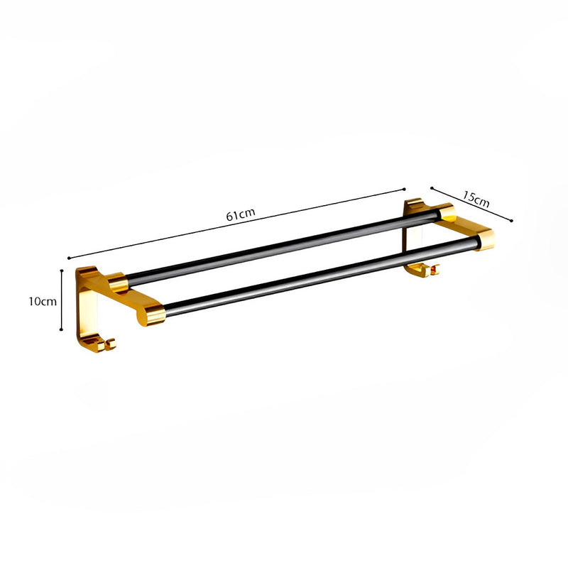 61cm Aluminum Wall Mounted Double Pole Towel Rack With Hooks Black Gold