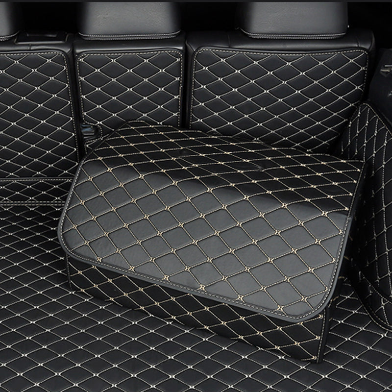 Leather Car Boot Organizer Box Collapsible Foldable Black Gold Stitch Large